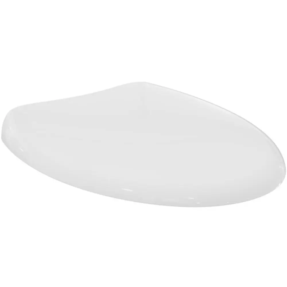 Weißer WC-Sitz von Ideal Standard mit einer aerodynamischen, ovalen Form und glatter Oberfläche. Der Sitz hat keine sichtbaren Befestigungen oder weitere Designelemente.